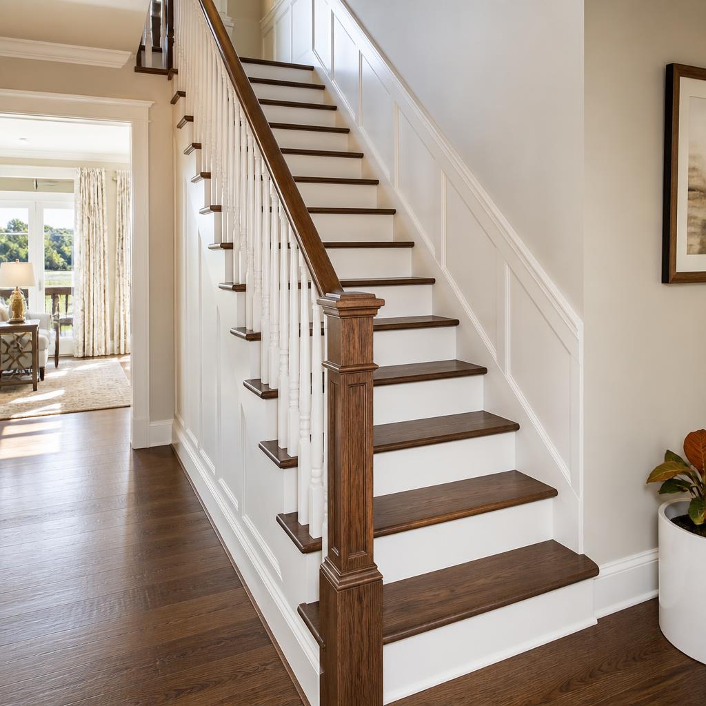 Custom stained oak staircase with white risers